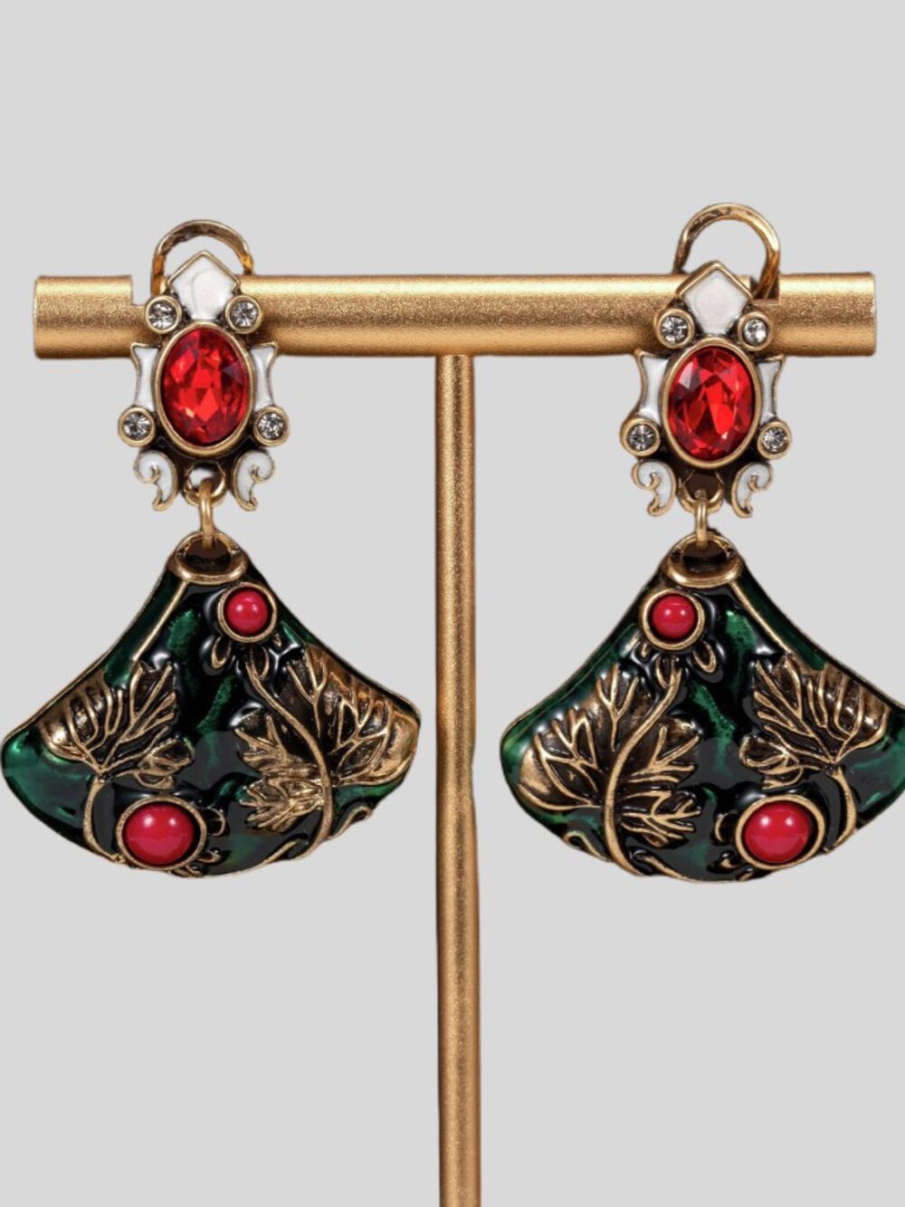 Vintage Green Enamel Red Rhinestone Maple leaves Statement Dangle Earrings